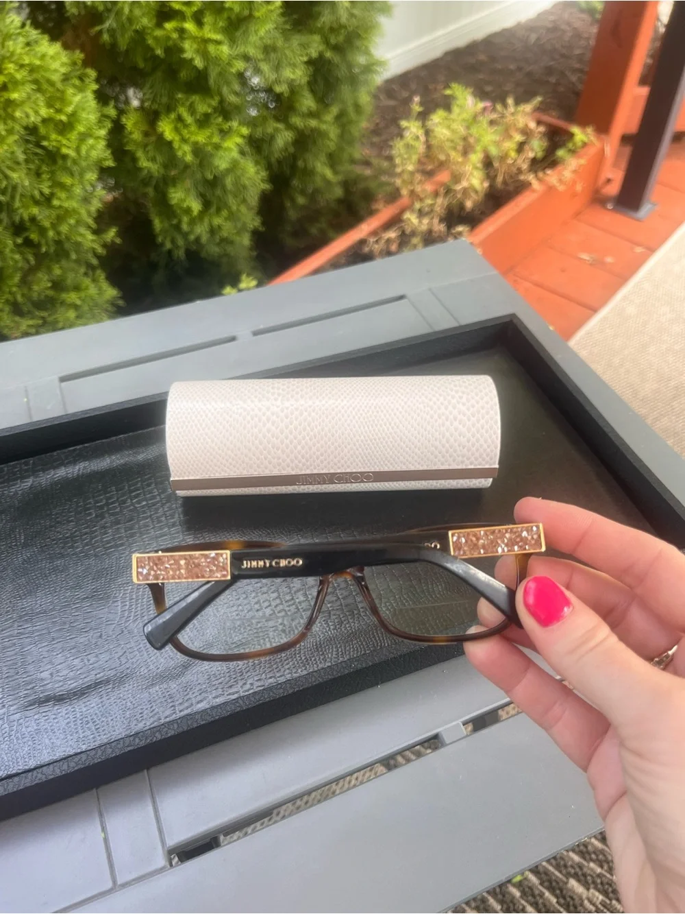 Jimmy Choo Brown Tortoise Eyeglasses w/ Crystal Gold Detail + Case